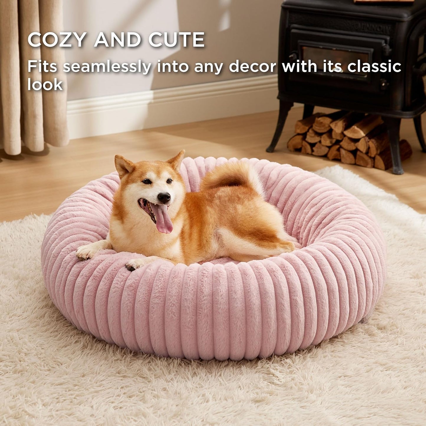 Bedsure Donut Large Dog Bed - Washable Faux Fur with Corduroy Fleece & Anti Slip Bottom, Round Pet Bed with Removable Cover, Blush Pink, 36x36x10 inches