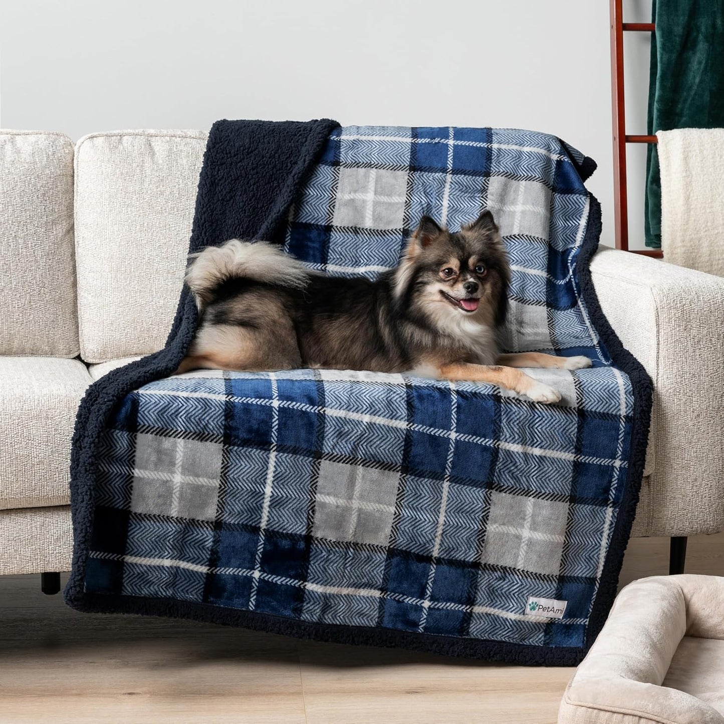 PetAmi Waterproof Dog Blanket for Medium Large Dog Puppy Cat Throw for Couch Cover Leakproof Protection, Sherpa Fleece, Reversible Soft Washable 60x40 Plaid Navy Blue