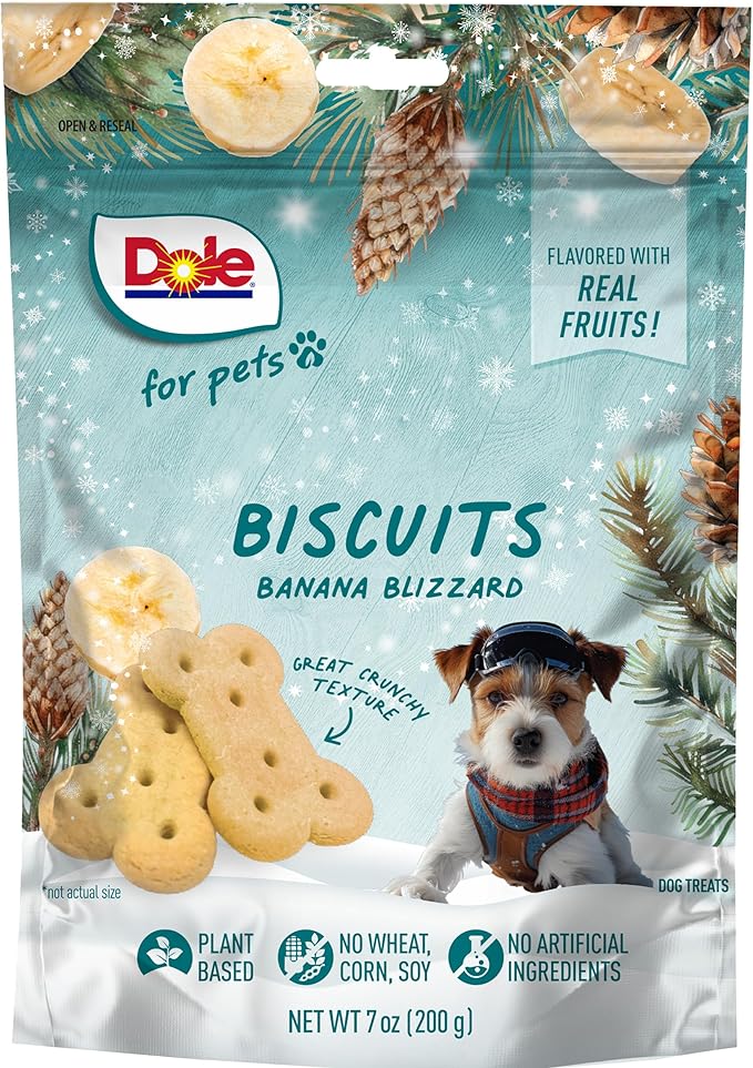 Dole for Pets Dog Biscuits, Banana Blizzard Festive Treat, Banana Flavor, Flavored with Real Fruit, No Wheat, Corn, Soy, Artificial Flavors, Colors, or Preservatives, 7 Oz