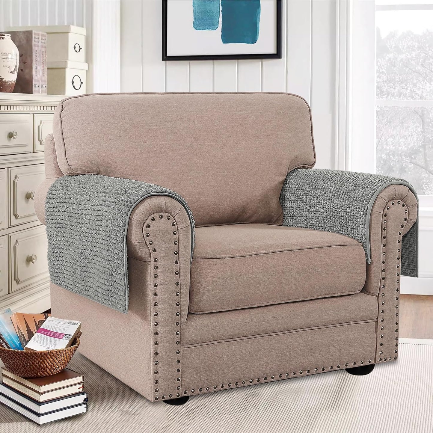 H.VERSAILTEX Plush Chenille Couch Armrest Cover 2 Packs Thick and Soft Sofa Covers Furniture Protector Cover for Pets (27.5" x 27.5", Dove)