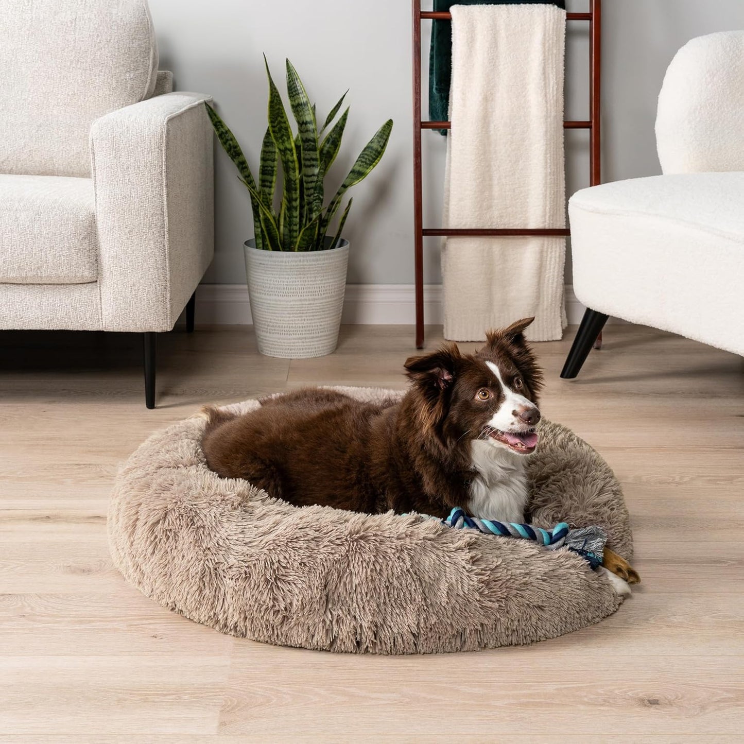 PetAmi Calming Dog Bed for Small Medium Dog Cat, Round Donut Dog Bed Washable, Fluffy Faux Fur Plush Cuddler Pet Kitten Cushion Bed, Anti-Slip, Fits up to 45 lbs, 30 inch, Taupe
