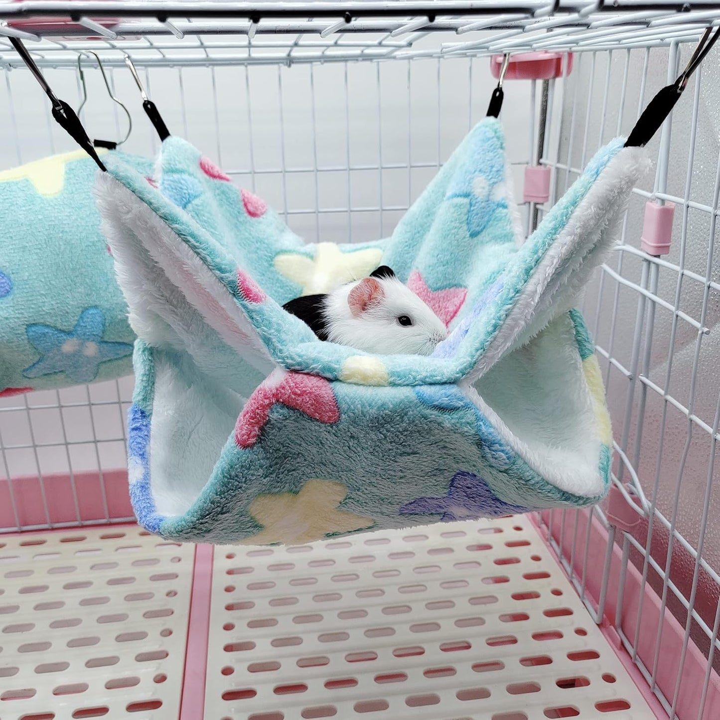 LEFTSTARER Guinea Pig Ferret Rat Hammock Toy Small Animal Cage Accessories Hideout Tunnel & Bunkbed Hammock for Rat Ferret Guinea Pig Hamster Sugar Glider Chinchilla (Star-Green)