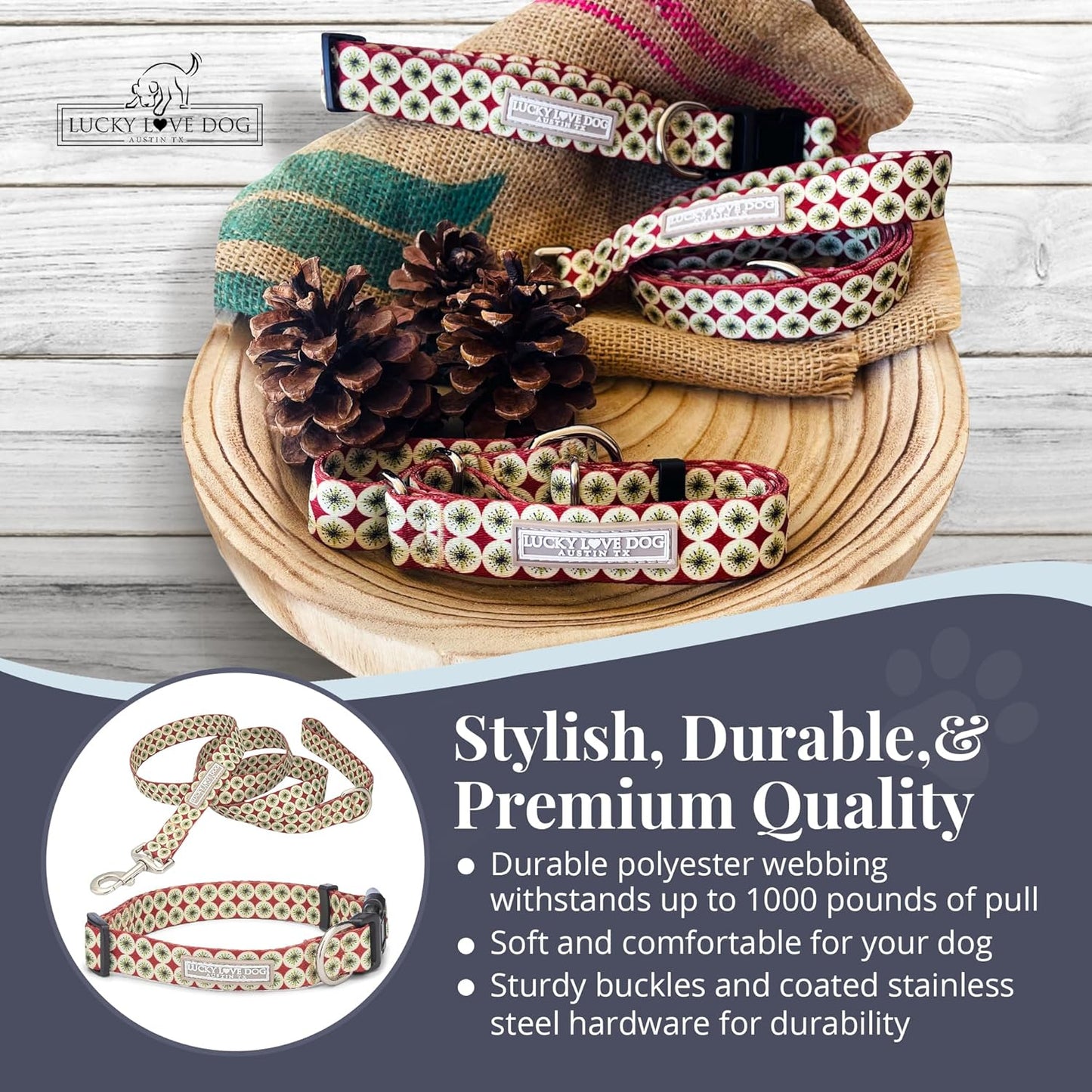 Lucky Love Dog - Easy Click Buckle Dog Collar with Leash Set Combo, Durable & Comfortable for Male & Female Dogs, Pet Collar for Small to Large Dogs, Secure Fit - Pongo Combo, Large