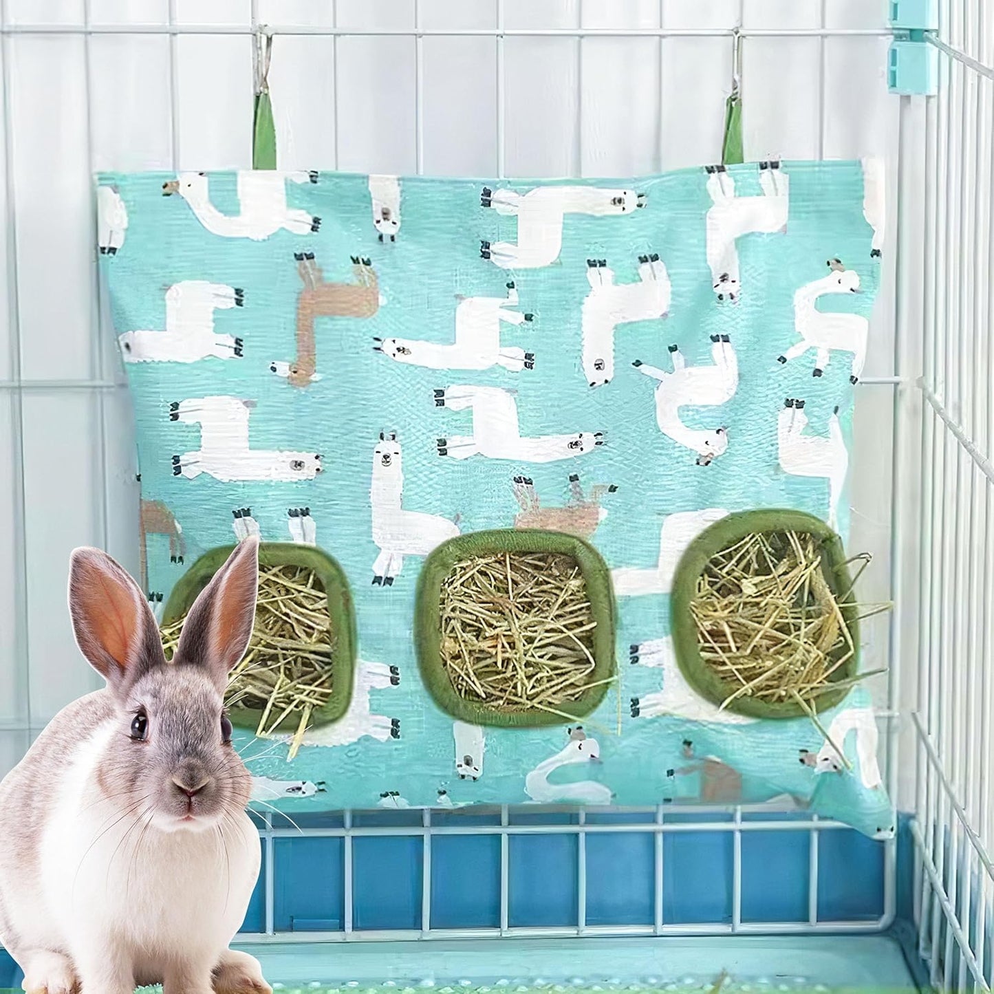 Lesnala 2pcs Bunny hay Feeder Hanging Guinea Pig Food Bag Large Capacity Cotton Canvas Fabric for Rabbits Chinchillas Hamsters and Other Small Pets 3 Holes 2 Styles