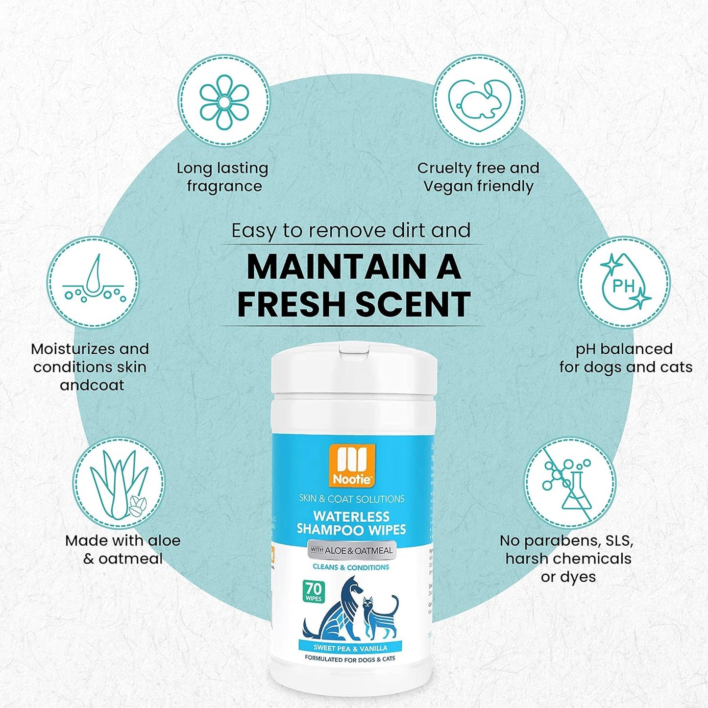 Nootie Waterless Shampoo Wipes for Dogs & Cats - Value Pack, 210 Count - Long Lasting Sweet Pea Vanilla Fragrance - Sold in Over 10,000 Vet Clinics and Pet Stores Worldwide, Made in USA