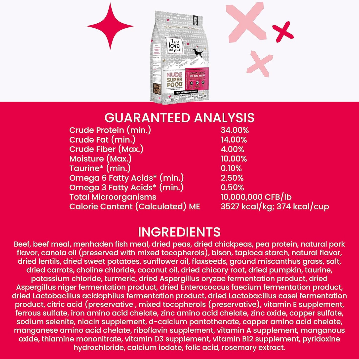 I and love and you Nude Super Food Dry Dog Food - Red Meat Medley - Prebiotic + Probiotic, Grain Free, Real Meat, No Fillers, 23lb Bag