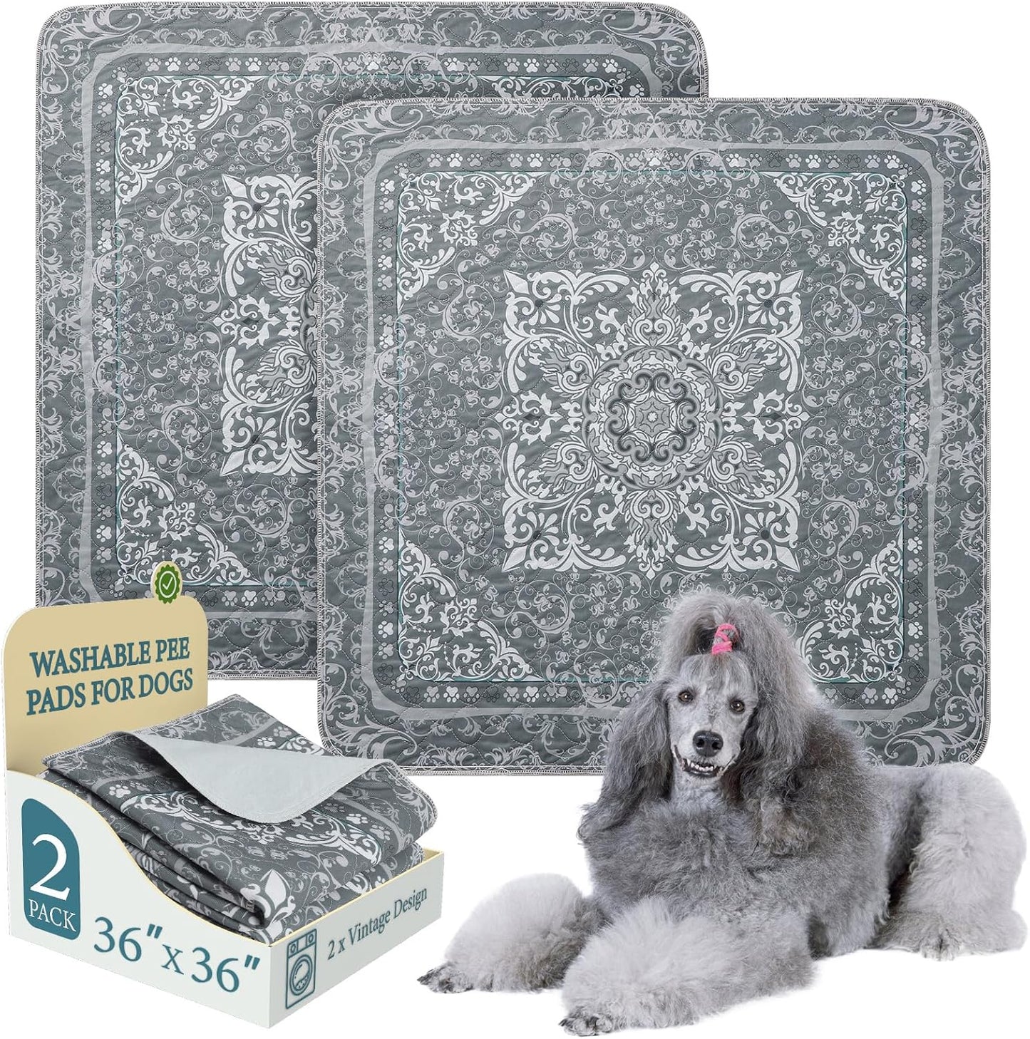 Homimp Washable Pee Pads for Dogs, 2 Pack Reusable Puppy Pads Waterproof, Absorbent and Leakproof Dog Pee Pads, Non Slip Puppy Training Pads, Pet Mat for Floor, Crate, Couch, Whelping,Grey, 36"x36"