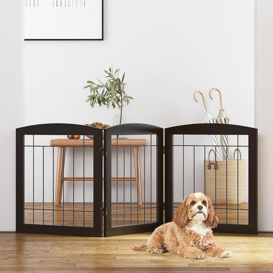 PAWLAND Free Standing Dog Gates for The House Stairs Doorways Indoor Foldable Wooden Small White Puppy Pet Gate Step Over Fence 60" W 24" H 3 Panels Espresso