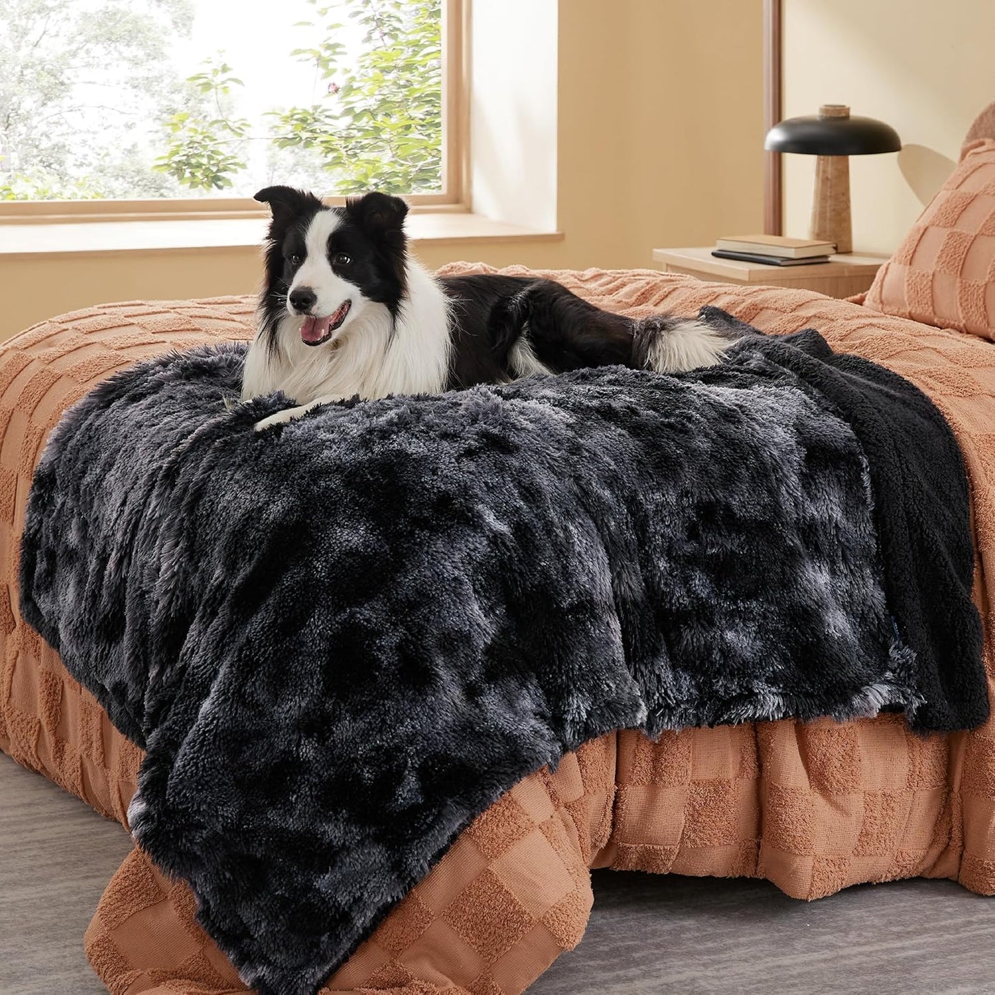 Bedsure Waterproof Dog Blankets for Large Dogs - Calming Cat Blanket for Couch Protector Washable, Long Faux Fur Pet Throw Blanket for Puppy, Reversible Furniture Protection, 50"x60", Tie-dye Black