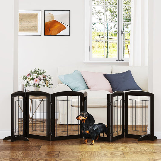 PAWLAND Dog Gate Indoor with Walk Through Door, Foldable Free Standing Pet Gate for Doorways, Stairs, The Houes, Pet Puppy Safety Fence, 120 in Extra Wide, 6 Panels, Support Feet Included, Espresso
