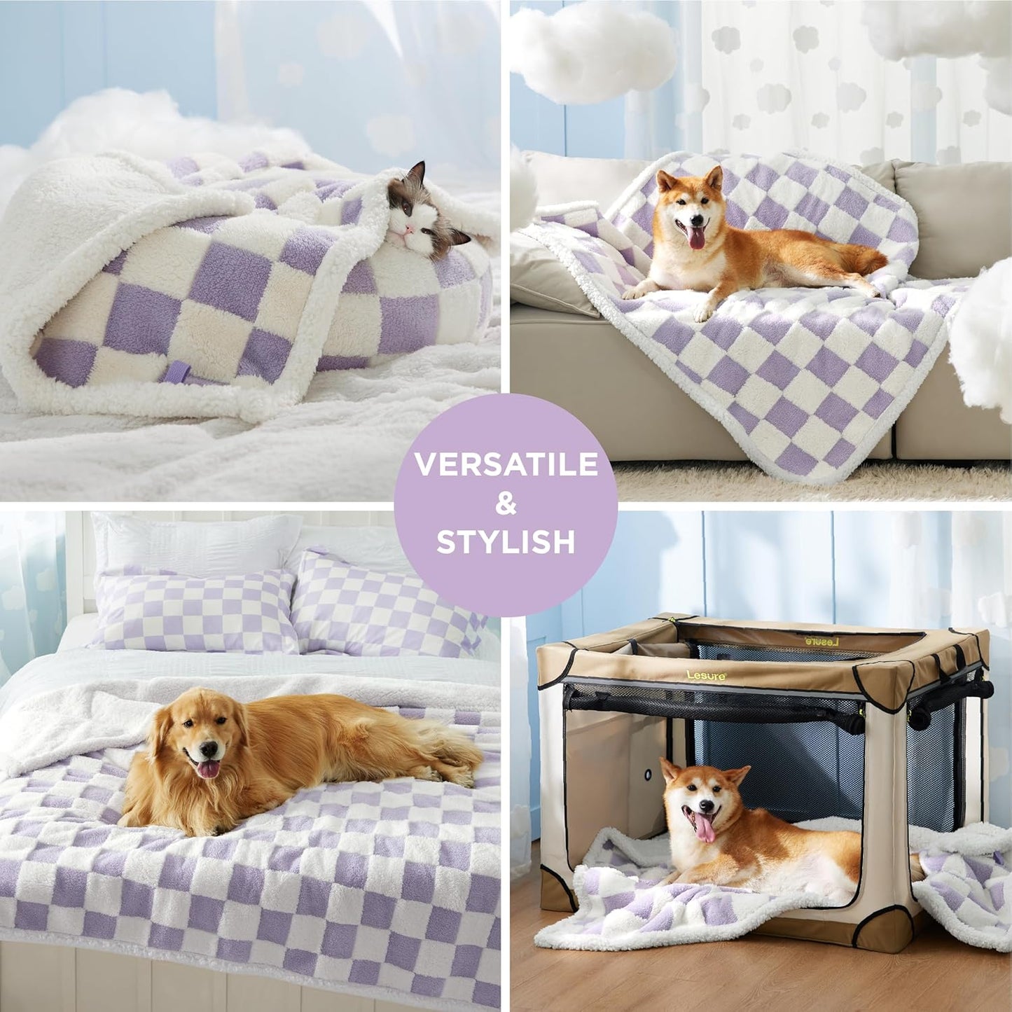 LE SURE Waterproof Dog Blanket for Large Dogs - Washable Double Sided Dog Blankets with Warm Jacquard Shag and Soft Sherpa Fleece, Pet Cat Blanket for Bed Protection, 3D Textured Cloud, Purple