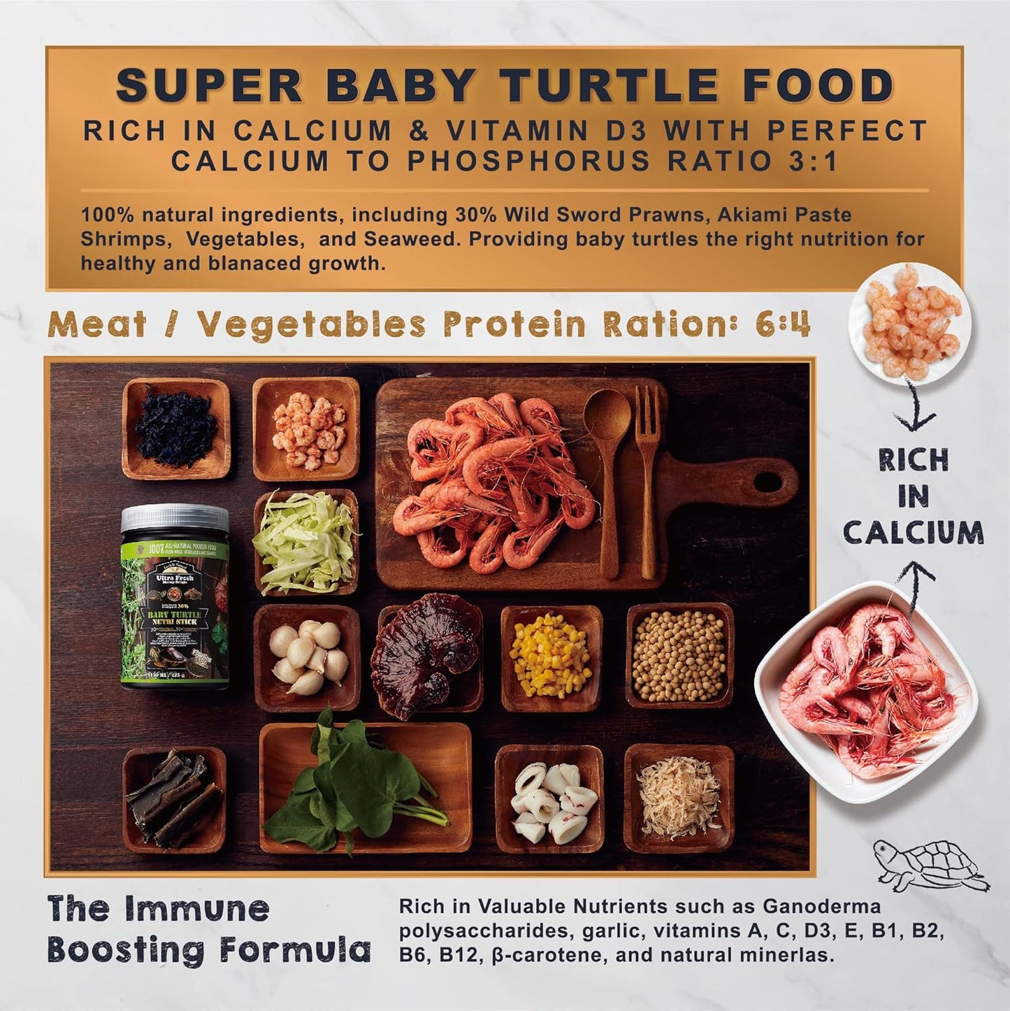 Ultra Fresh Floating Baby Turtle Food, All Natural Ingredients, Wild Sword Prawn, Calcium Vitamin D Enriched for Picky Aquatic Turtles, Baby Turtle Nutri Stick 3.35 oz
