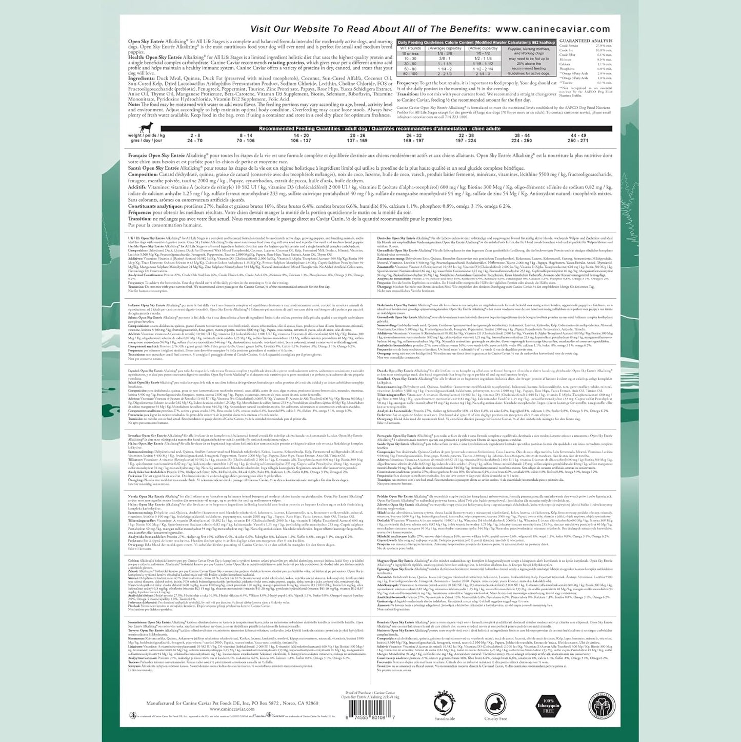 Canine Caviar - Open Sky: Duck & Teff Alkaline Dry Dog Food, Limited Ingredients, Gluten-Free, Based on Science & Research, Veterinary Alternative Diet (22 Pound Bag)