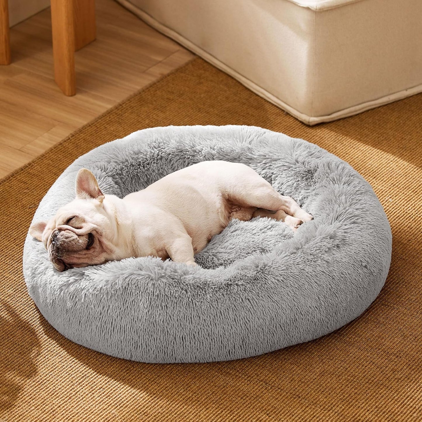 Bedsure Calming Dog Bed for Small Dogs - Donut Washable Small Pet Bed, 23 inches Anti-Slip Round Fluffy Plush Faux Fur Large Cat Bed, Fits up to 25 lbs Pets, Pale Grey