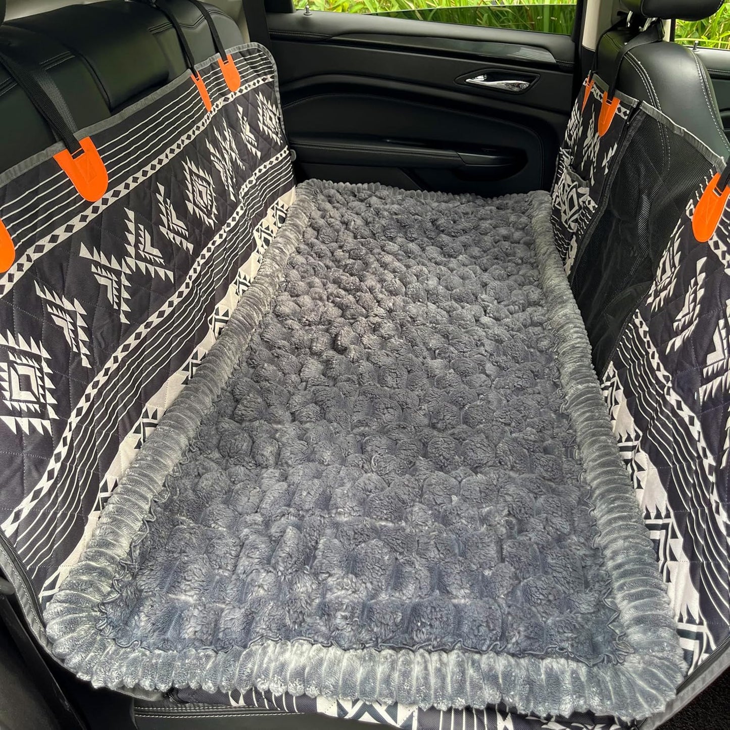 Dog Car Seat Cover for Back Seat, Big Dog Bed for Car, Suitable for Back Seat Extender for Dogs，Backseat Pet Bed Mat，Non-Slip Travel Pet Mat (Plaid Dark Gray, 24.8"x54")