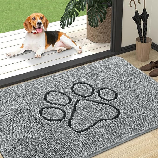 OLANLY Door Mat for Muddy Dog Paws 47x32, Ultra Absorbent Chenille Mud Doormat with Paw Print Design, Non-Slip Washable Doormat for Indoor Entryway, Quick-Dry Pet Bed Mats for Dirty Dogs, Grey