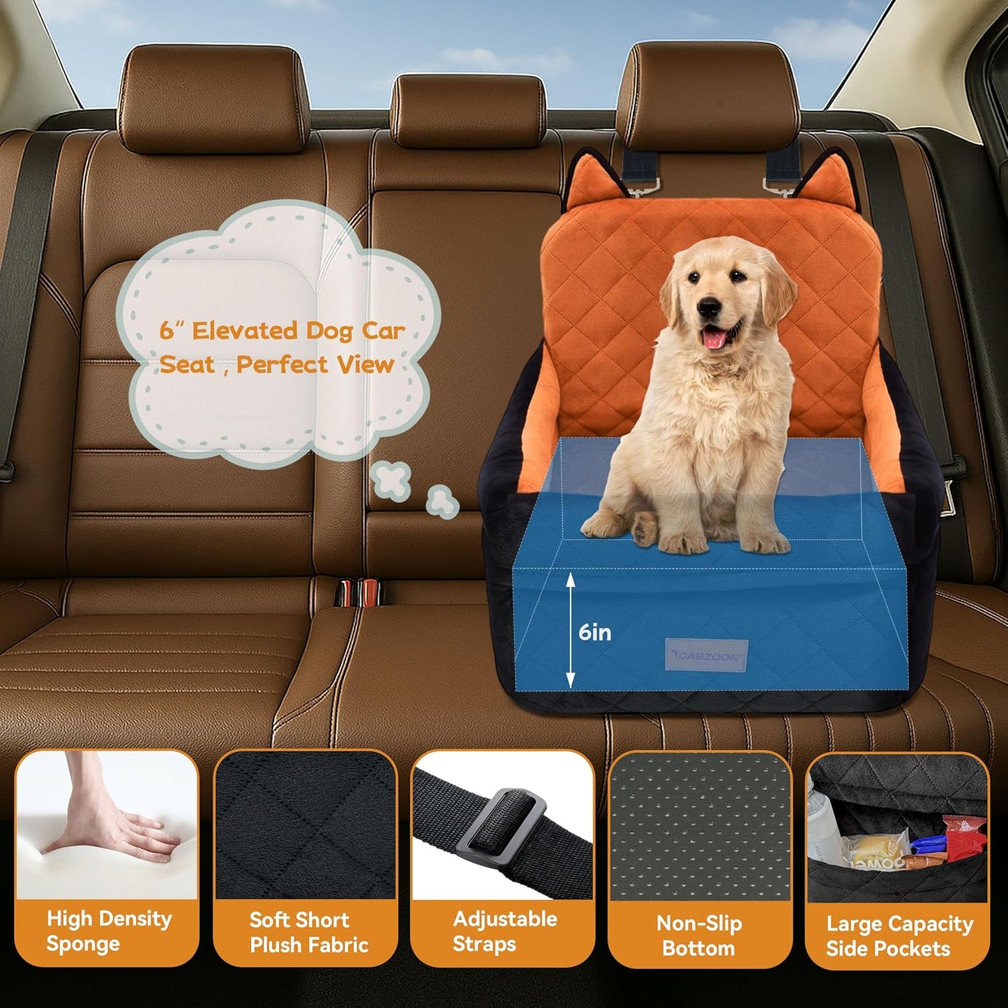 Dog Car Seat for Small/Medium Dogs Up to 35lbs,Elevated Cushion Fits in Front/Back Seat,Travel Safety Per Car Bed with Washable Removable Cover, Storage 2 Pockets Black-Orange
