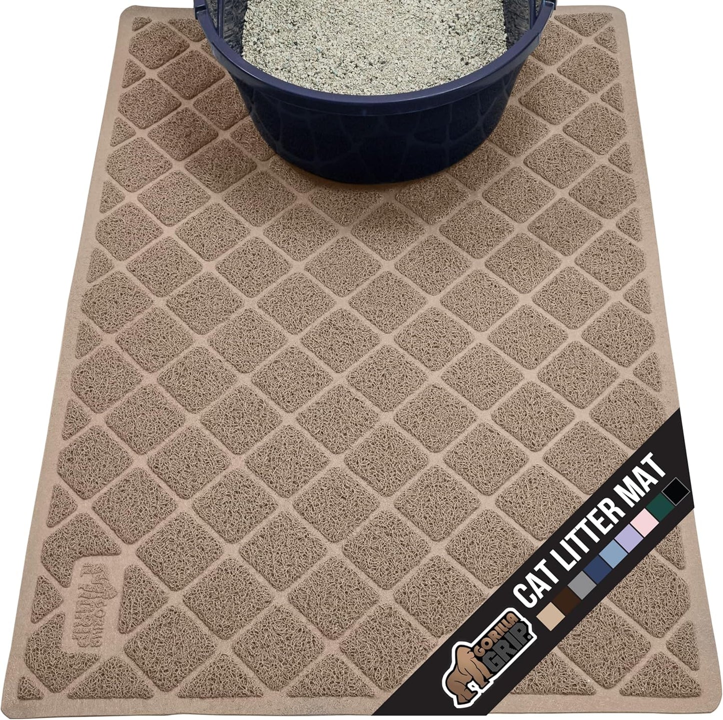 GORILLA GRIP Cat Litter Box Mat, 47x35, Water Resistant, US Designed Kitty Litter Trapping Mats, Easy to Clean, Scatter Control, Less Mess and Clean Floors, Kitten Supplies for Indoor Cats, Beige
