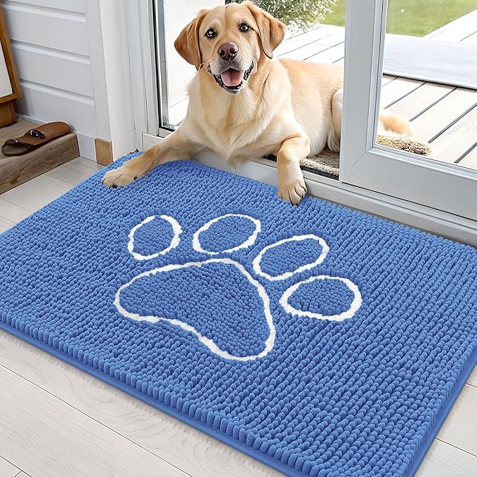OLANLY Door Mat for Muddy Dog Paws 36x24, Absorbent Chenille Mud Doormat with Paw Print Design, Non-Slip Washable Doormat for Indoor Entryway, Quick-Dry Pet Bed Mats for Dirty Dogs, Cornflower Blue