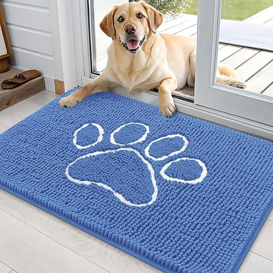 OLANLY Door Mat for Muddy Dog Paws 36x24, Absorbent Chenille Mud Doormat with Paw Print Design, Non-Slip Washable Doormat for Indoor Entryway, Quick-Dry Pet Bed Mats for Dirty Dogs, Cornflower Blue