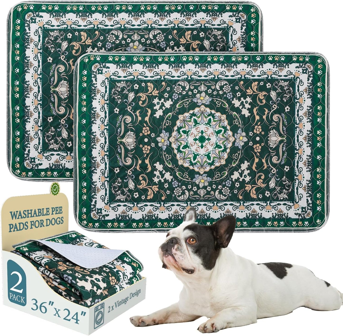 Homimp Washable Pee Pads for Dogs, 2 Pack Reusable Puppy Pads Waterproof, Absorbent and Leakproof Dog Pee Pads, Non Slip Puppy Training Pads, Pet Mat for Floor, Crate, Couch, Whelping,Green, 24"x36"