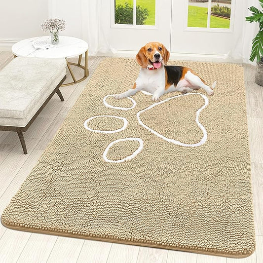 OLANLY Door Mat for Muddy Dog Paws 70x46, Ultra Absorbent Chenille Mud Doormat with Paw Print Design, Non-Slip Washable Doormat for Indoor Entryway, Quick-Dry Pet Bed Mats for Dirty Dogs, Beige