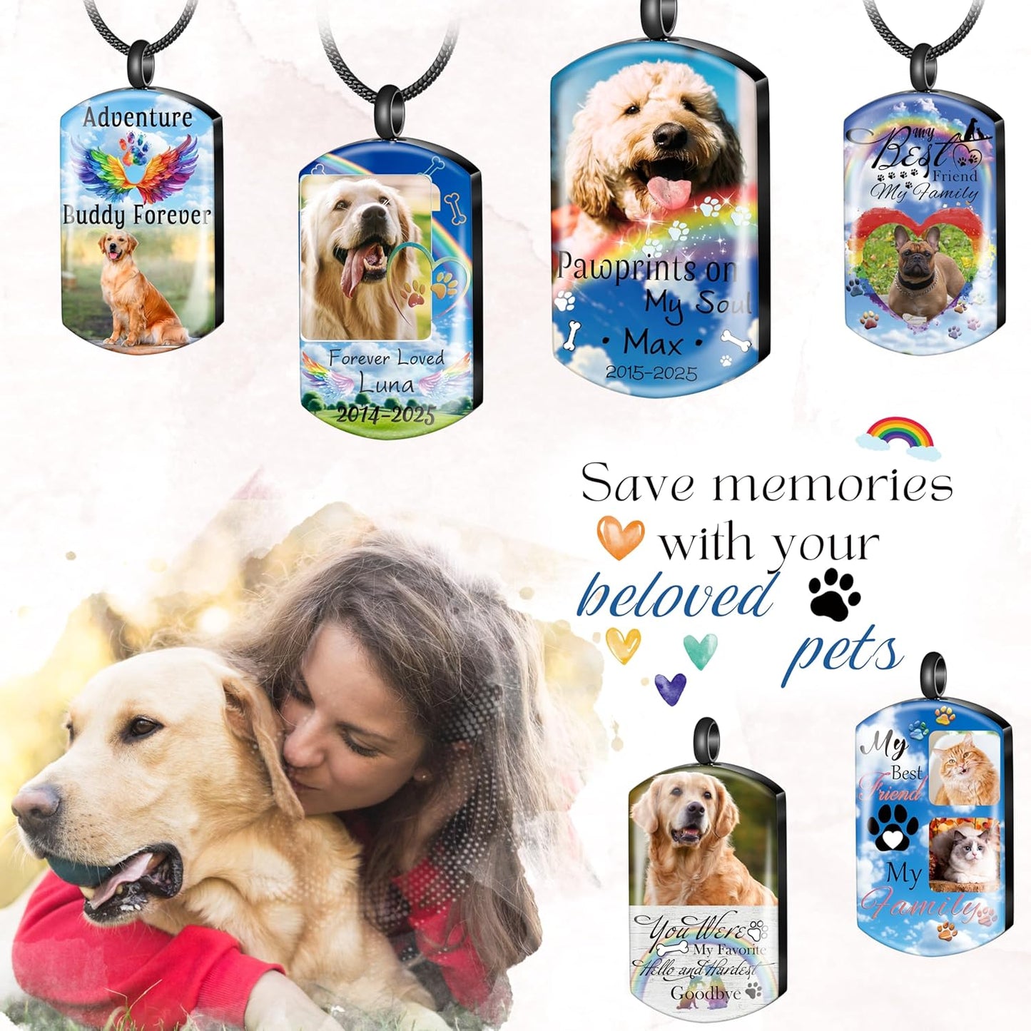 Fanery Sue Personalized Pet Ashes Necklace for Dog Cat Custom Photo&Text Pet Loss Sympathy Gift Cremation Jewelry