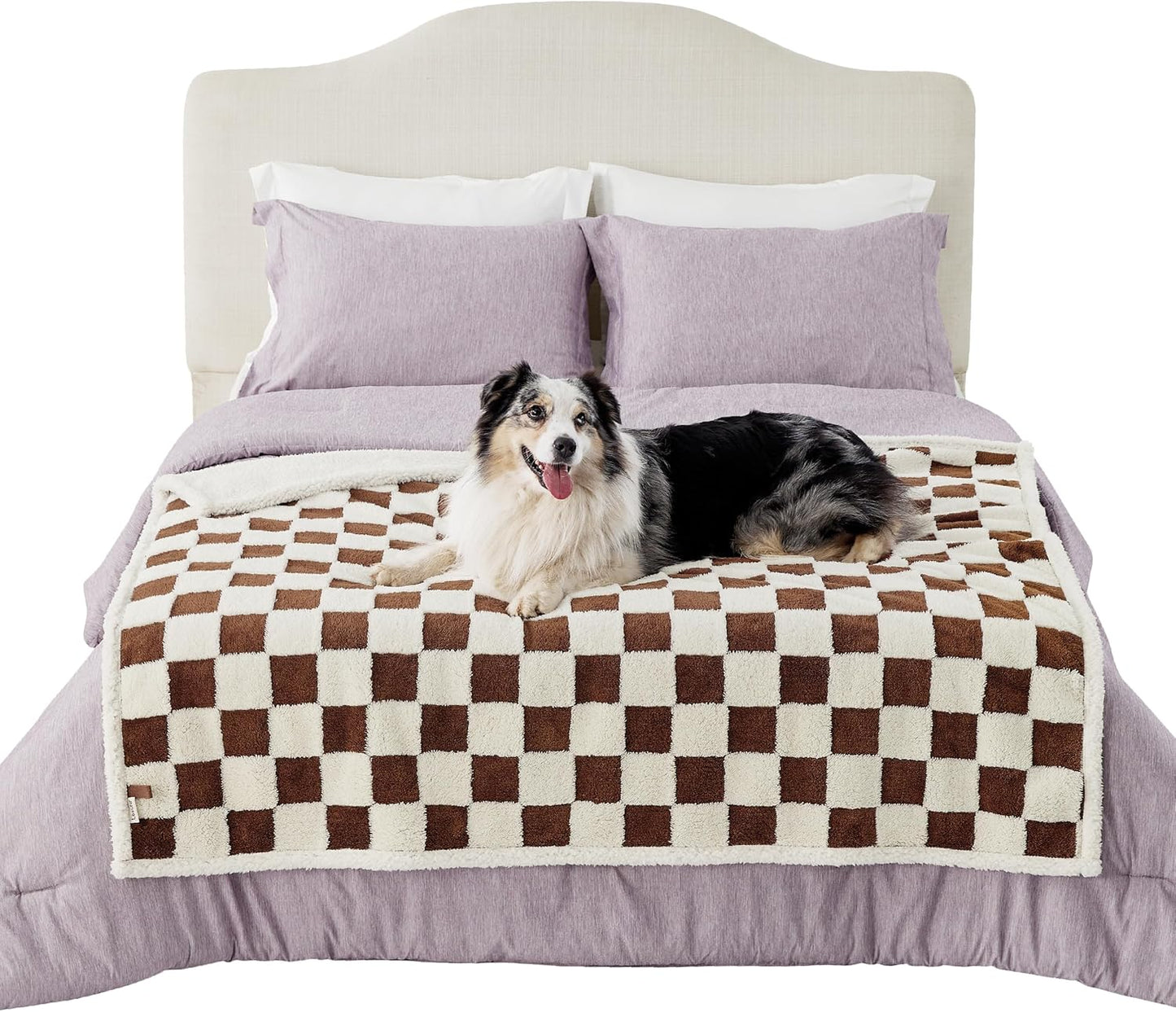 Lesure Waterproof Dog Blanket for Large Dogs - Washable Double Sided with Warm Jacquard Shag and Soft Sherpa Fleece, Pet Cat Blanket for Couch Protection, 3D Textured Checks, Brown