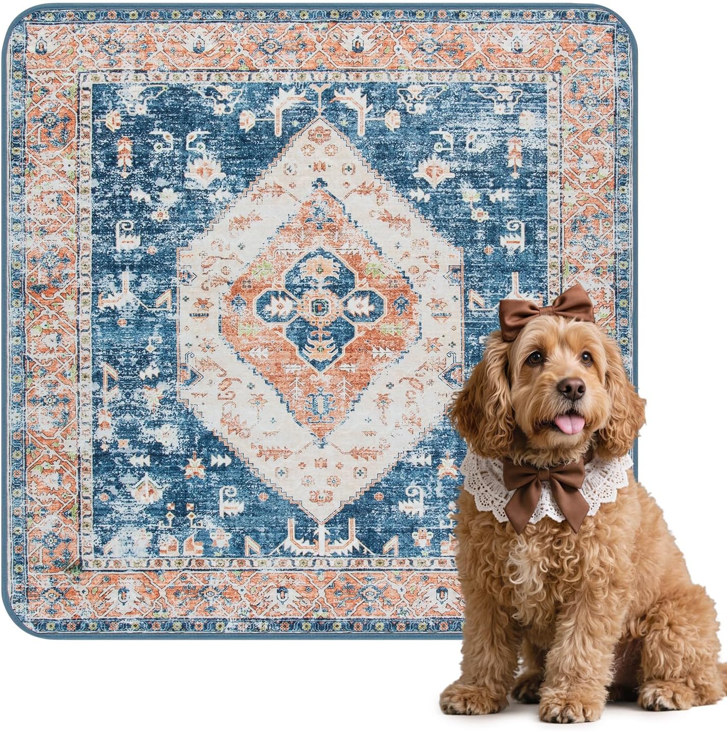 Lahome Extra-Large Washable Dog Pee Pads (72"x72") - Super Absorbent & Waterproof - Leakproof Reusable Mat for Playpens, Beds & Whelping, Convenient Cleanup,Beige Blue