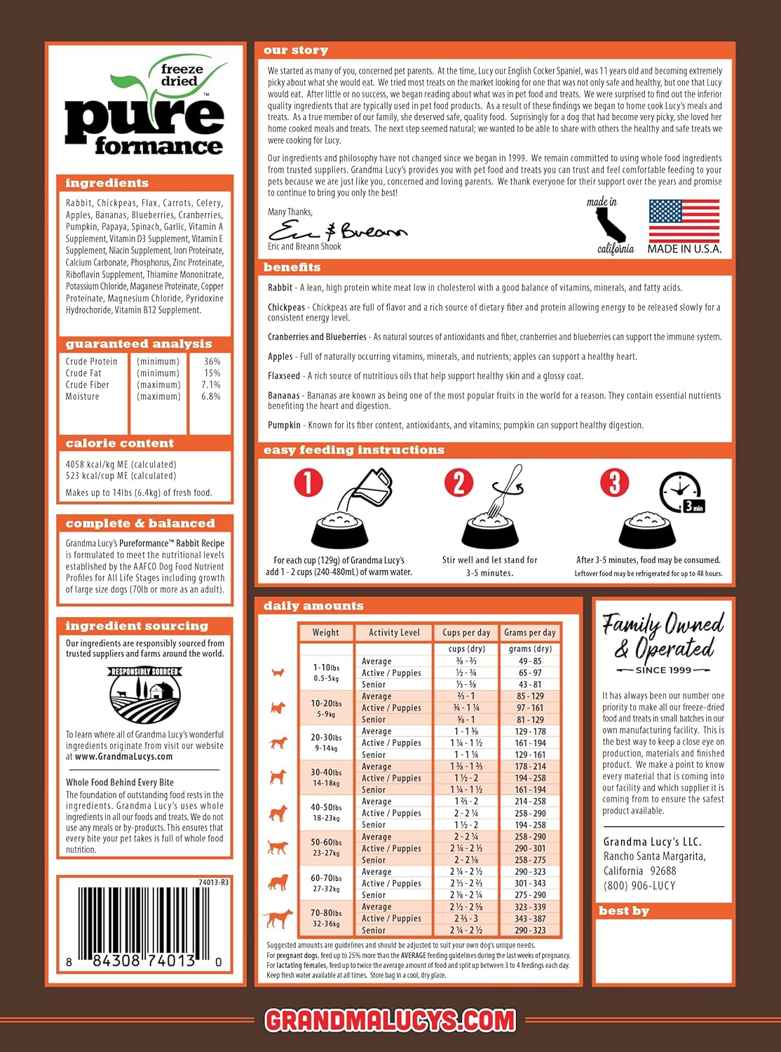 GRANDMA LUCY'S 844215 Pureformance Grain Free Rabbit Food for Dogs, 3-Pound