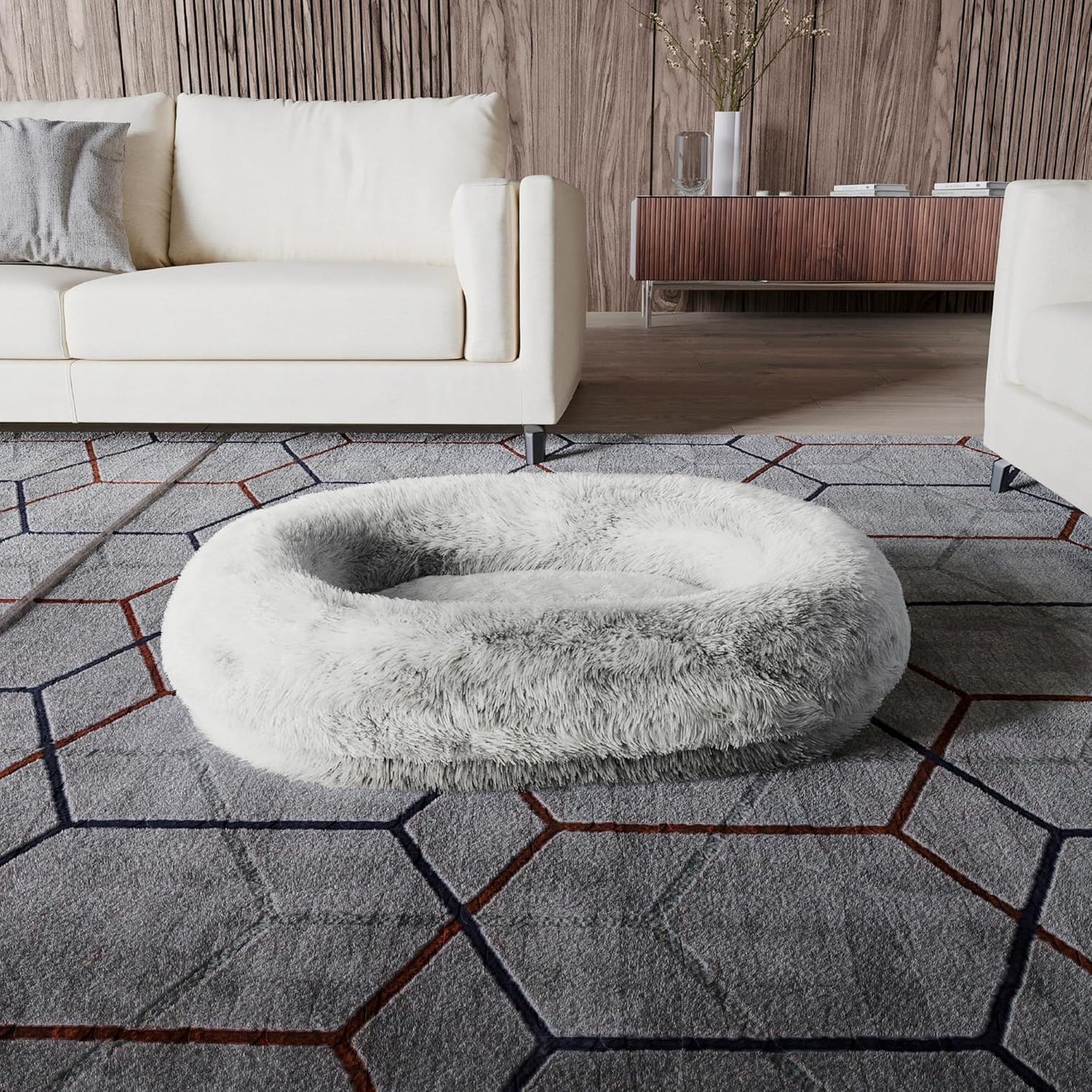 Orthopedic Calming Dog Bed for Extra Large Dogs XL, Anti Anxiety Pet Beds with Supportive Foam, Removable Washable Oval Pets Couch, Fluffy Cuddle Bolster Couch, Light Grey