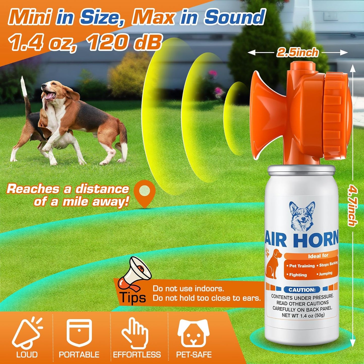 Air Horn, 1.4 oz 120 dB Loud Pet Trainer to Stop Dog Attacking Barking Fighting Jumping, Coyotes Air Horn for Safety, Protect Yourself & Pet While Walking, Orange(2 Pack)