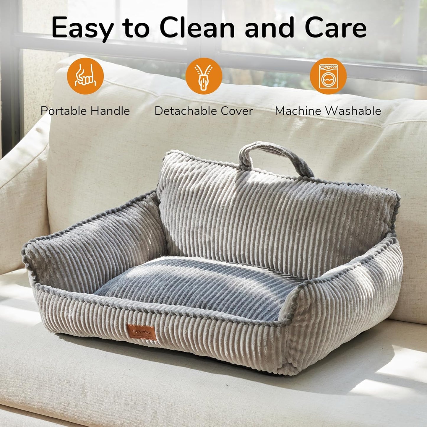 FUKUMARU Cat Couch Bed, Fluffy Corduroy Cat Beds for Indoor Cats with Washable Cover, Waterproof Small Dog Sofa Beds with Portable Handle and Anti-Slip Bottom, Pet Beds & Furniture 28inch, Grey