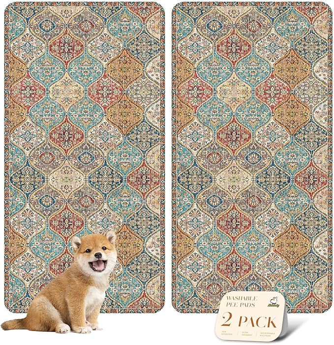 nunubaby Washable Pee Pads for Dogs, Stylish, Non-Slip and Leak-Proof Pee Pads. Reusable Potty Pads for Dogs for Crates and Floors.(Cream/Multi, 24" x48" )