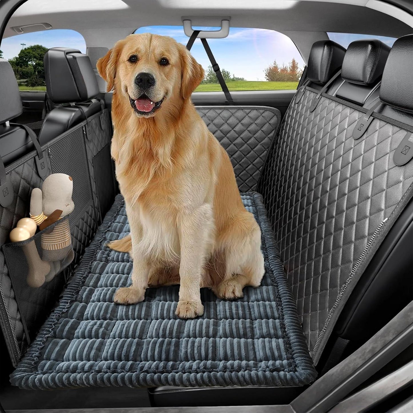 Dog Car Seat Cover for Back Seat, Big Dog Bed for Car, Suitable for Back Seat Extender for Dogs，Backseat Pet Bed Mat，Non-Slip Travel Pet Mat (Striped Dark Gray, 24.8"x54")