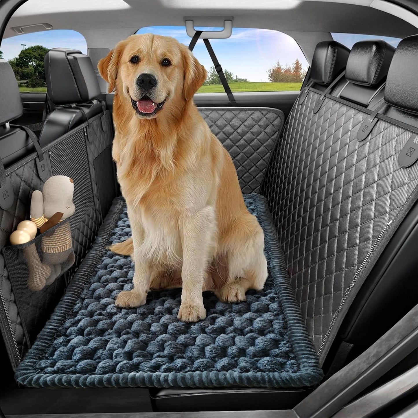 Dog Car Seat Cover for Back Seat, Big Dog Bed for Car, Suitable for Back Seat Extender for Dogs，Backseat Pet Bed Mat，Non-Slip Travel Pet Mat (Plaid Dark Gray, 24.8"x54")