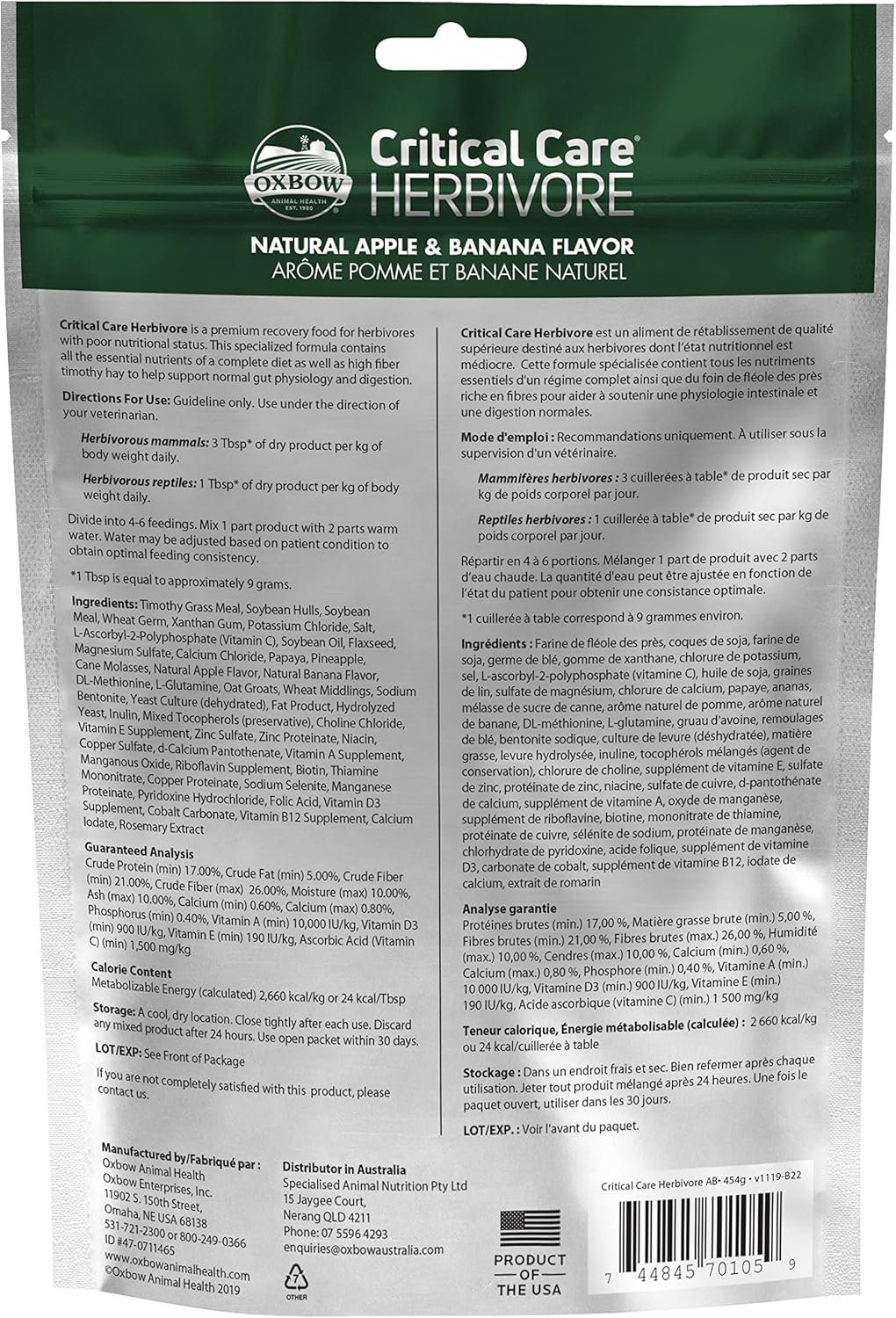 Oxbow Critical Care Herbivore, Emergency Rabbit & Guinea Pig Food, Natural Apple Banana Flavor, Veterinary Formula, Critical Care Herbivore, Assist Feeding Formula for Pets, 454 gram bag