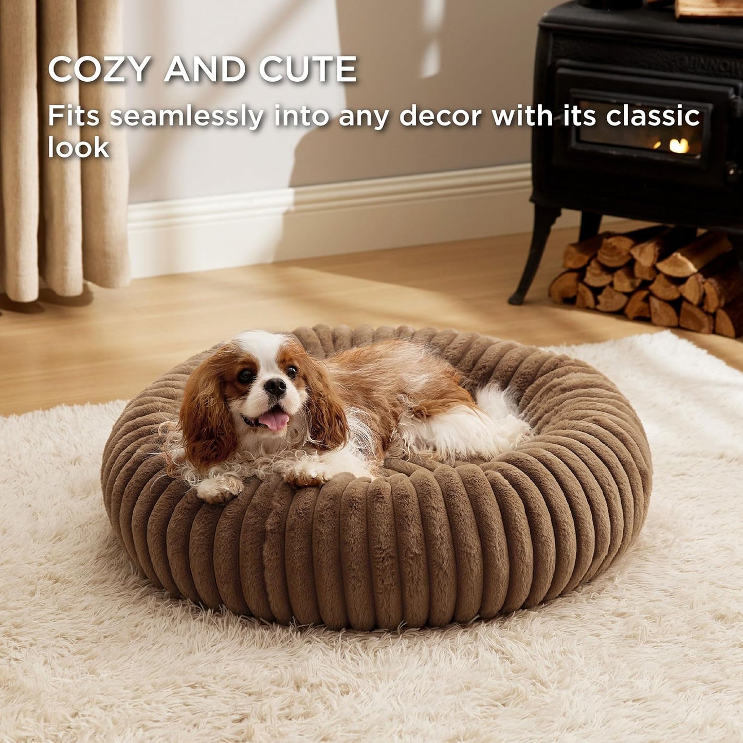 Bedsure Donut Medium Dog Bed - Washable Faux Fur with Corduroy Fleece & Anti Slip Bottom, Round Pet Bed with Removable Cover, Copper Brown, 30x30x8 inches