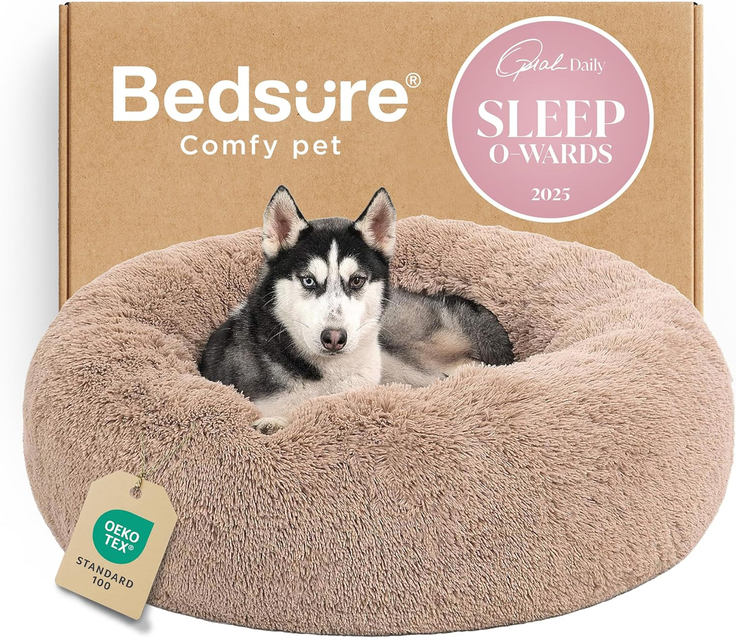 Bedsure Calming Dog Beds Large Sized Dog - Donut Washable Large Pet Bed, 36 inches Anti-Slip Round Fluffy Plush Faux Fur Dogs Bed, Fits up to 80 lbs Pets, Camel