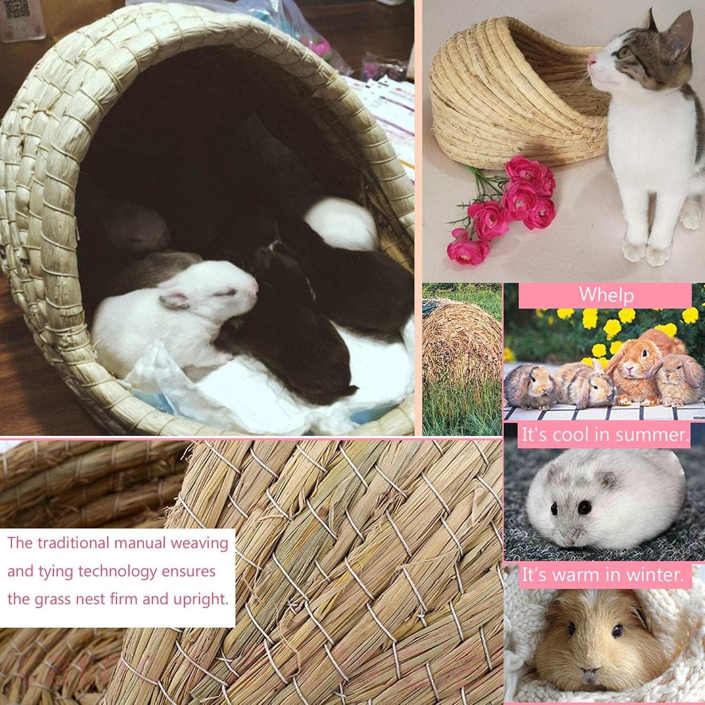 Hamiledyi Bunny Grass Bed, Rabbit Woven Hay Bed, Small Pets Natural Handcrafted Grass House with Hay Chew Balls for Chinchillas Guinea Pigs Hedgehog Rat 3PCS