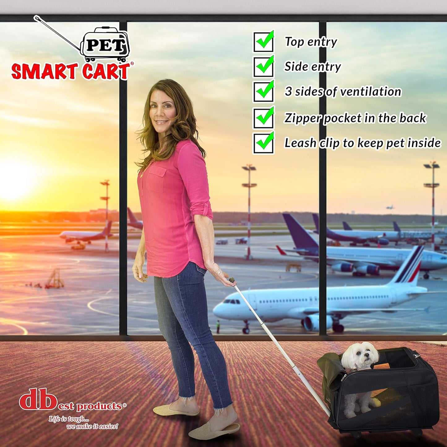 dbest products Smart Cart Pet Carrier with Wheels, Airline Approved Dog and Cat Carrier with Telescoping Handle, 21x12x12in, 24 lb Capacity, Black