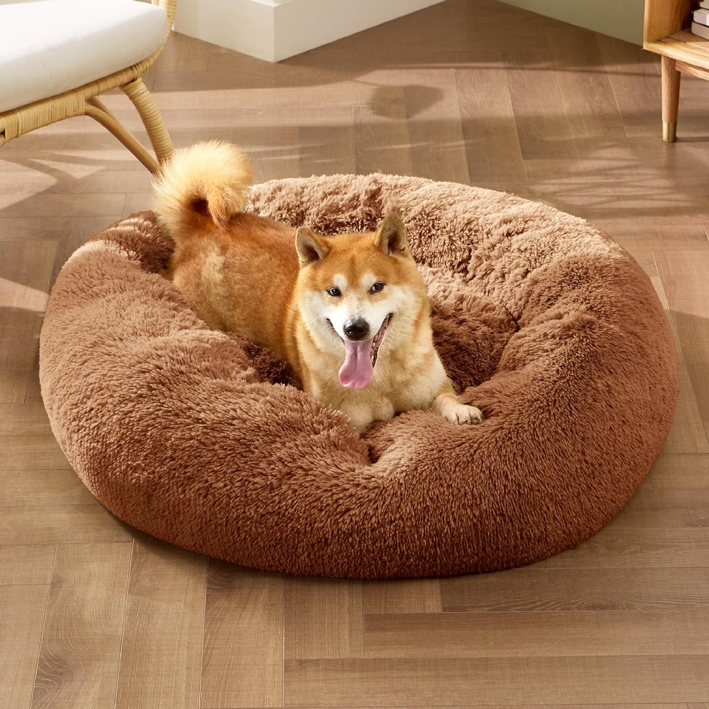 Bedsure Calming Dog Bed for Medium Dogs - Donut Washable Medium Pet Bed, 30 inches Anti-Slip Round Fluffy Plush Faux Fur Cat Bed, Fits up to 45 lbs Pets, Copper