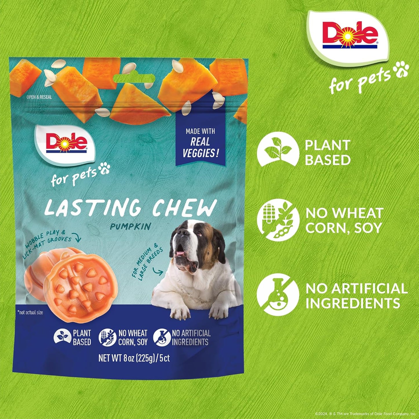 Dole for Pets Freshly Fetched Lasting Chew, Pumpkin Flavor Dog Treats | Flavored with Real Veggies, No Wheat, Corn, Soy, Artificial Flavors, Colors, Preservatives, or Animal Products,8 Ounce - 6 Pack