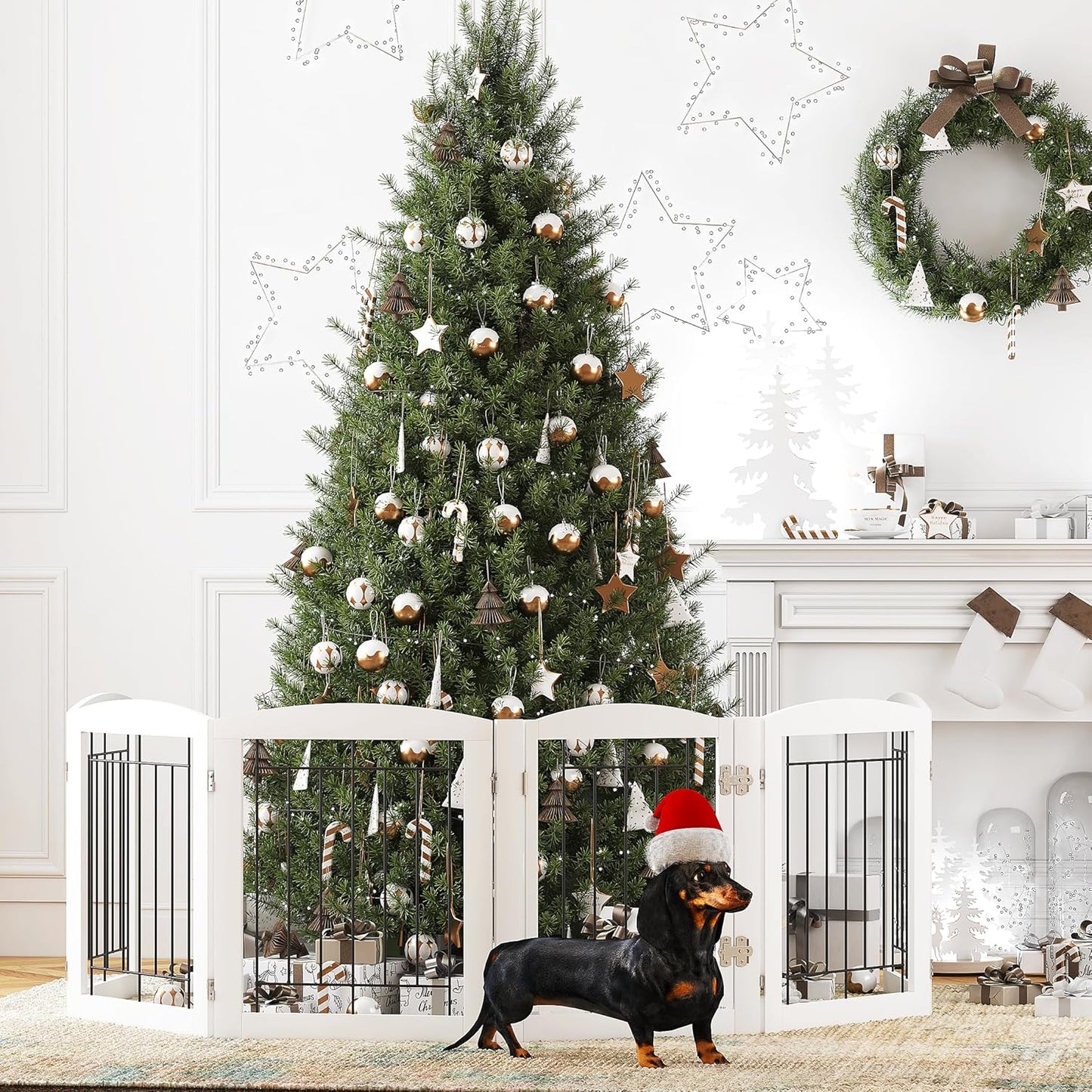 PAWLAND 6 Panels Dog Gate Indoor with Walk Through Door, Foldable FreeStanding Pet Gate for Doorways, Stairs, The Houes, Pet Puppy Safety Fence, 120 in Extra Wide, Support Feet Included, White