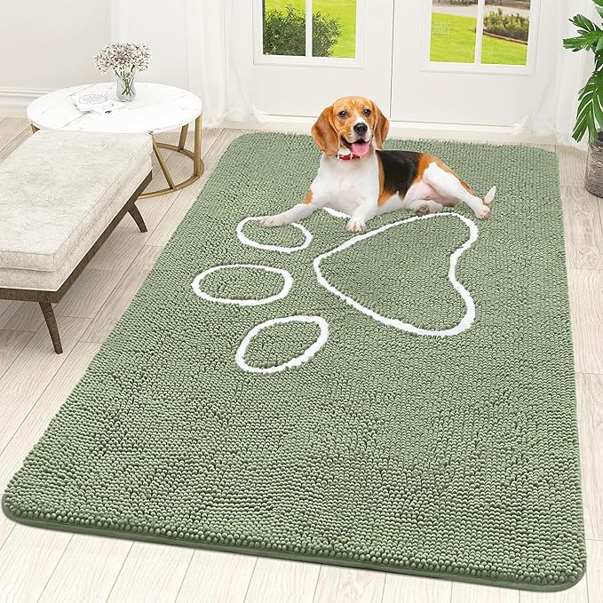 OLANLY Door Mat for Muddy Dog Paws 70x46, Ultra Absorbent Chenille Mud Doormat with Paw Print Design, Non-Slip Washable Doormat for Indoor Entryway, Quick-Dry Pet Bed Mats for Dirty Dogs, Sage Green