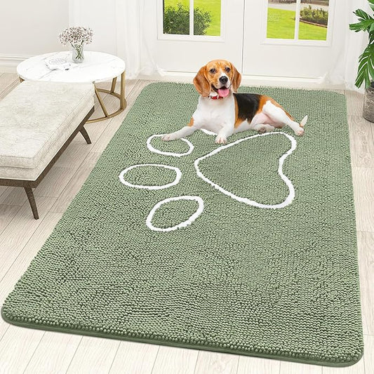 OLANLY Door Mat for Muddy Dog Paws 70x46, Ultra Absorbent Chenille Mud Doormat with Paw Print Design, Non-Slip Washable Doormat for Indoor Entryway, Quick-Dry Pet Bed Mats for Dirty Dogs, Sage Green