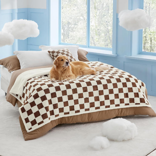 Lesure Waterproof Dog Blanket for Large Dogs - Washable Double Sided Dog Blankets with Warm Jacquard Shag and Soft Sherpa Fleece, Pet Cat Blanket for Bed Protection, 3D Textured Checks, Brown