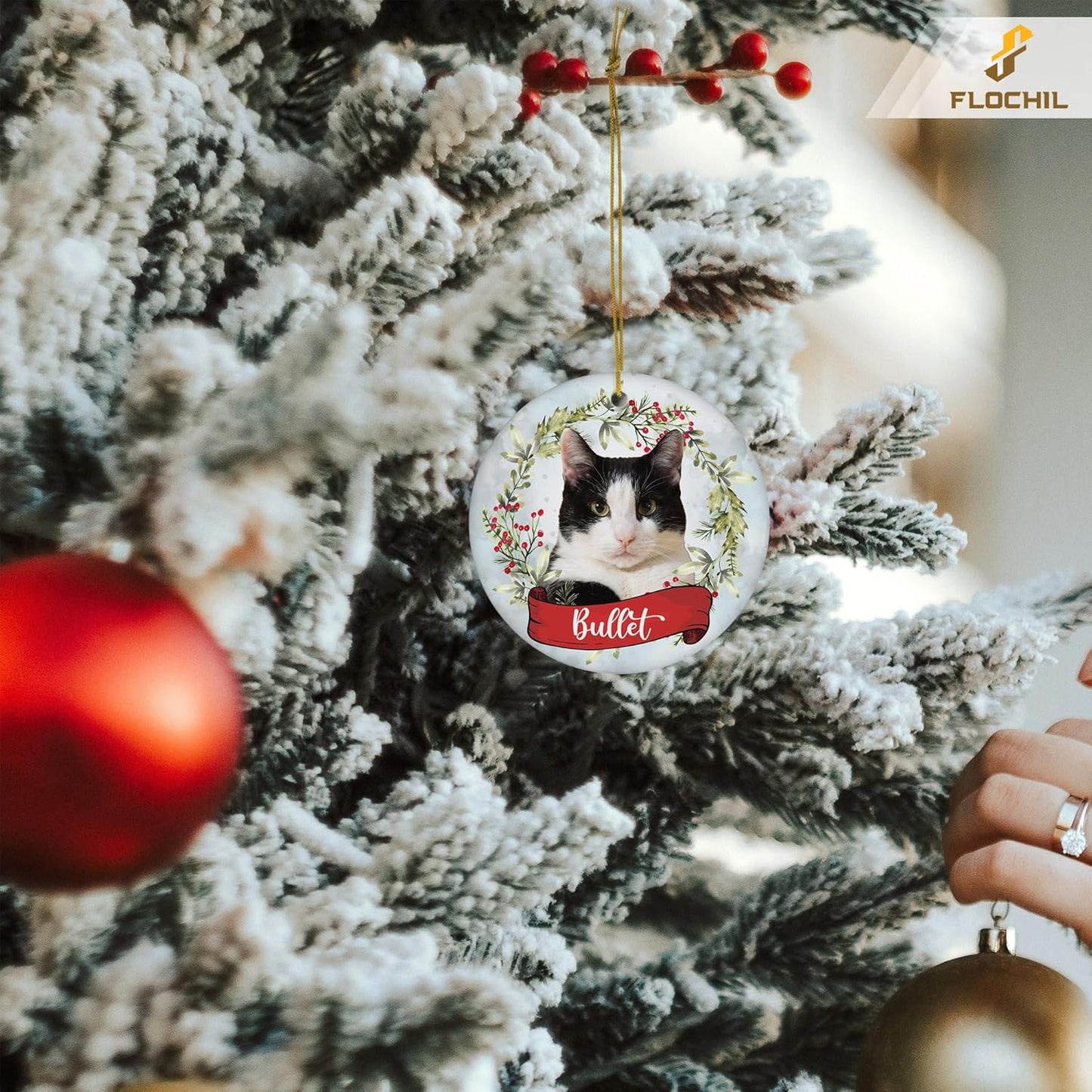 FLOCHIL Personalized Cat Christmas Ornaments Custom Photo Name for Christmas Trees, Cat First Christmas Ornaments, Gifts for Pet Lovers
