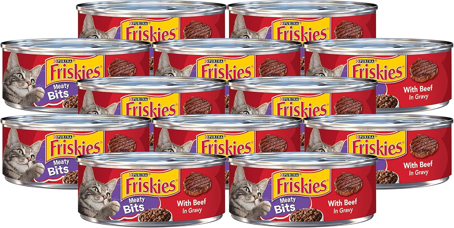 Purina Friskies Meaty Bits Wet Cat Food, with Beef in Gravy, Made with Real Beef, Canned Wet Cat Food for Adult Cats, 5.5-Ounce Recyclable Can (Pack of 12)