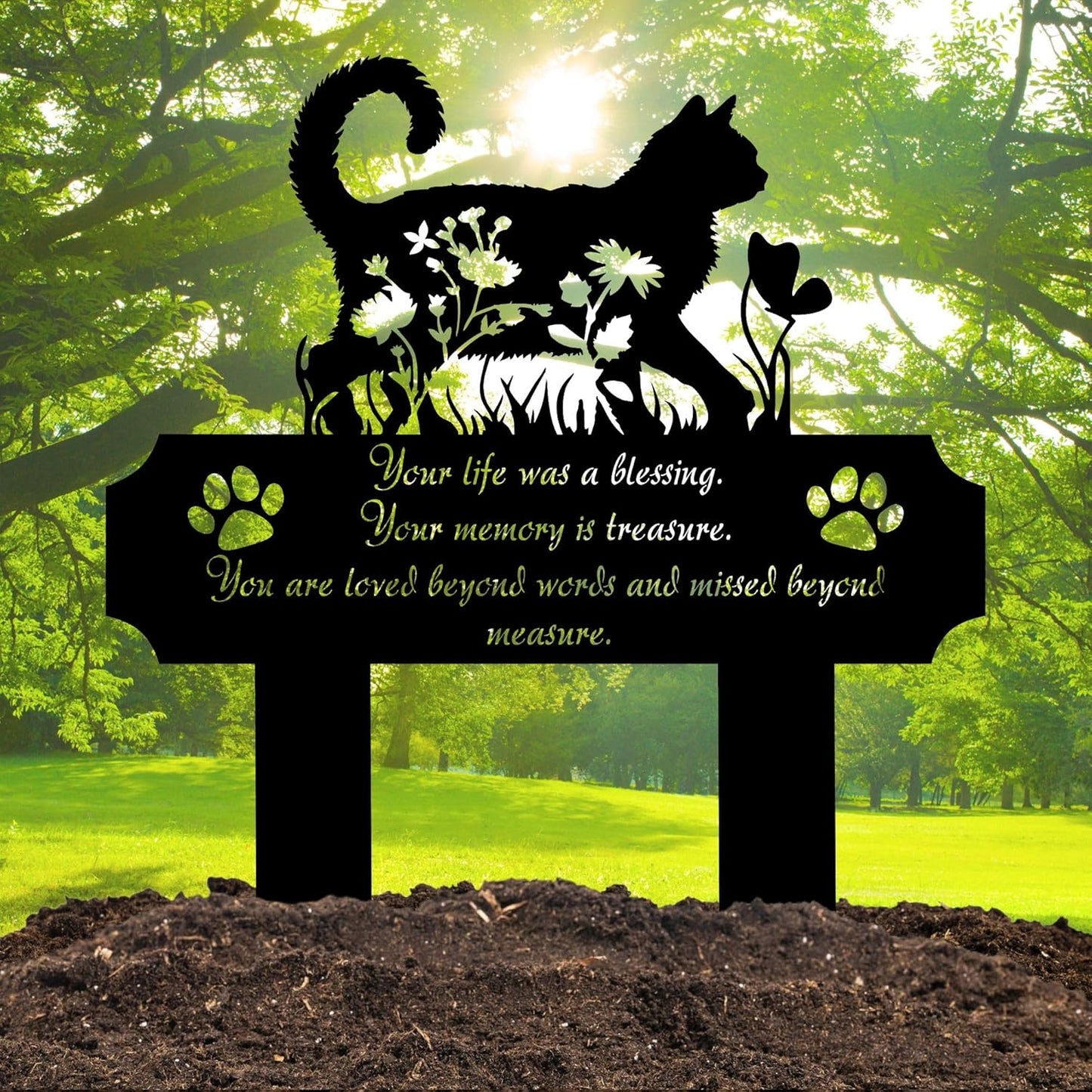 Cat Grave Marker Outdoor Memorial – 12in Metal Pet Memorial Plaque with Garden Cat Silhouette, Weatherproof Headstone for Yard or Indoor Tribute, Sympathy Gift for Loss of Cat